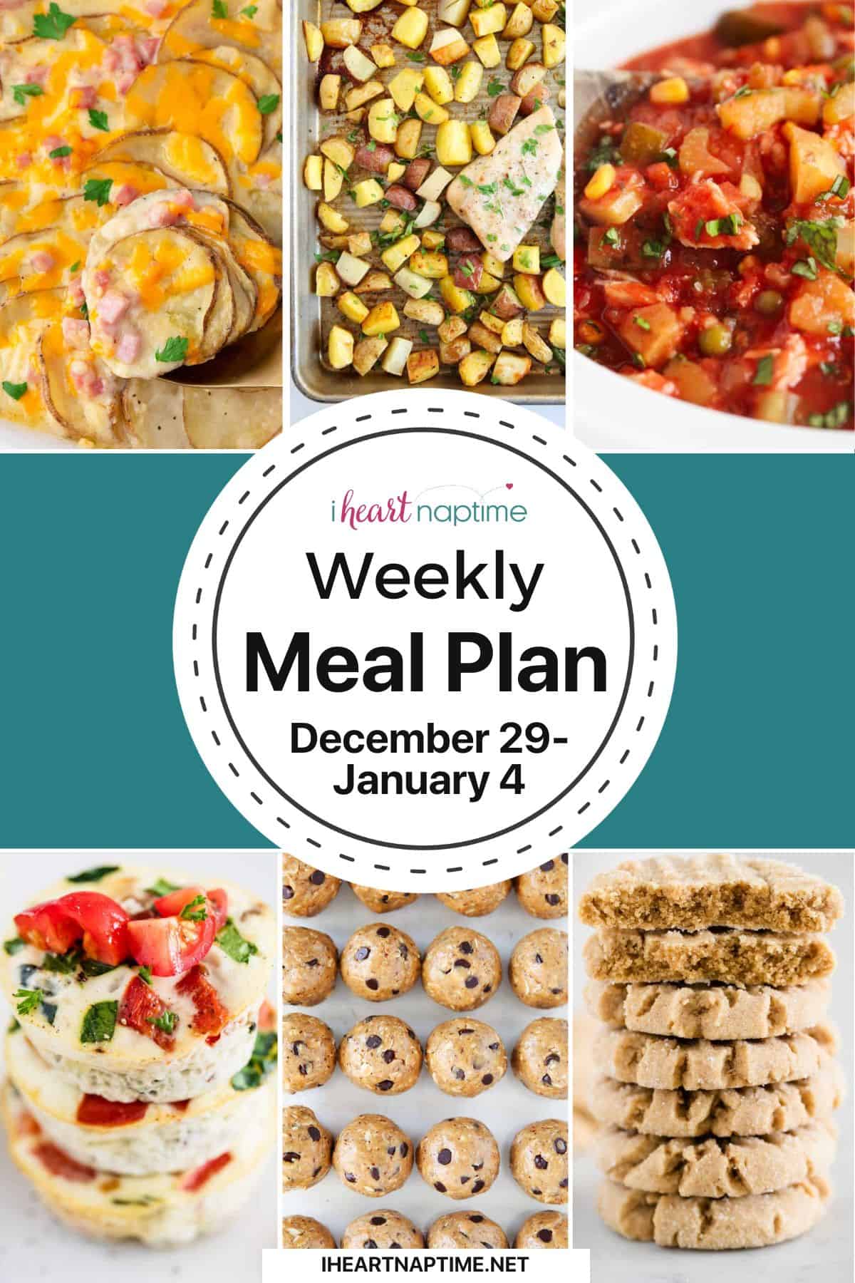 A photo collage of recipes for I Heart Naptime weekly meal plan.