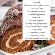 Yule log with ingredients listed.