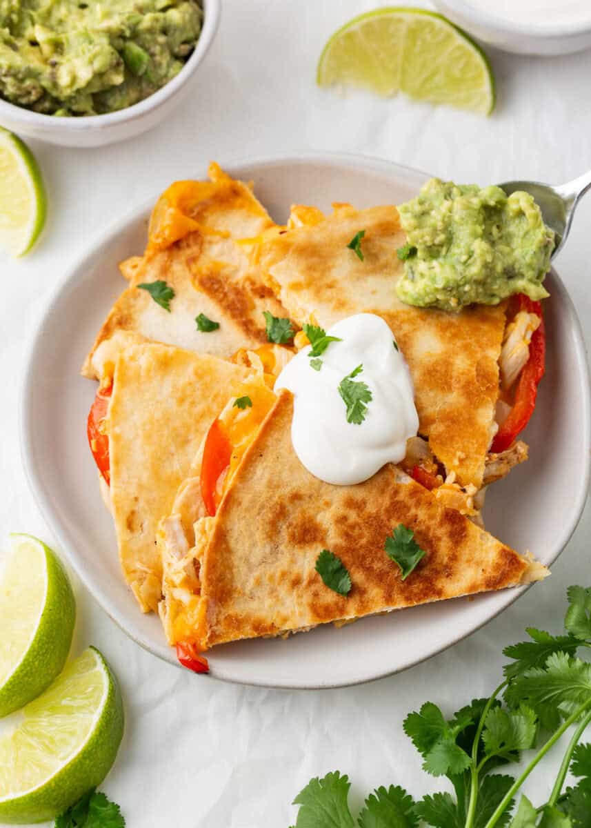 Chicken quesadillas on a plate.