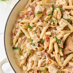 Marry me chicken pasta in a skillet.