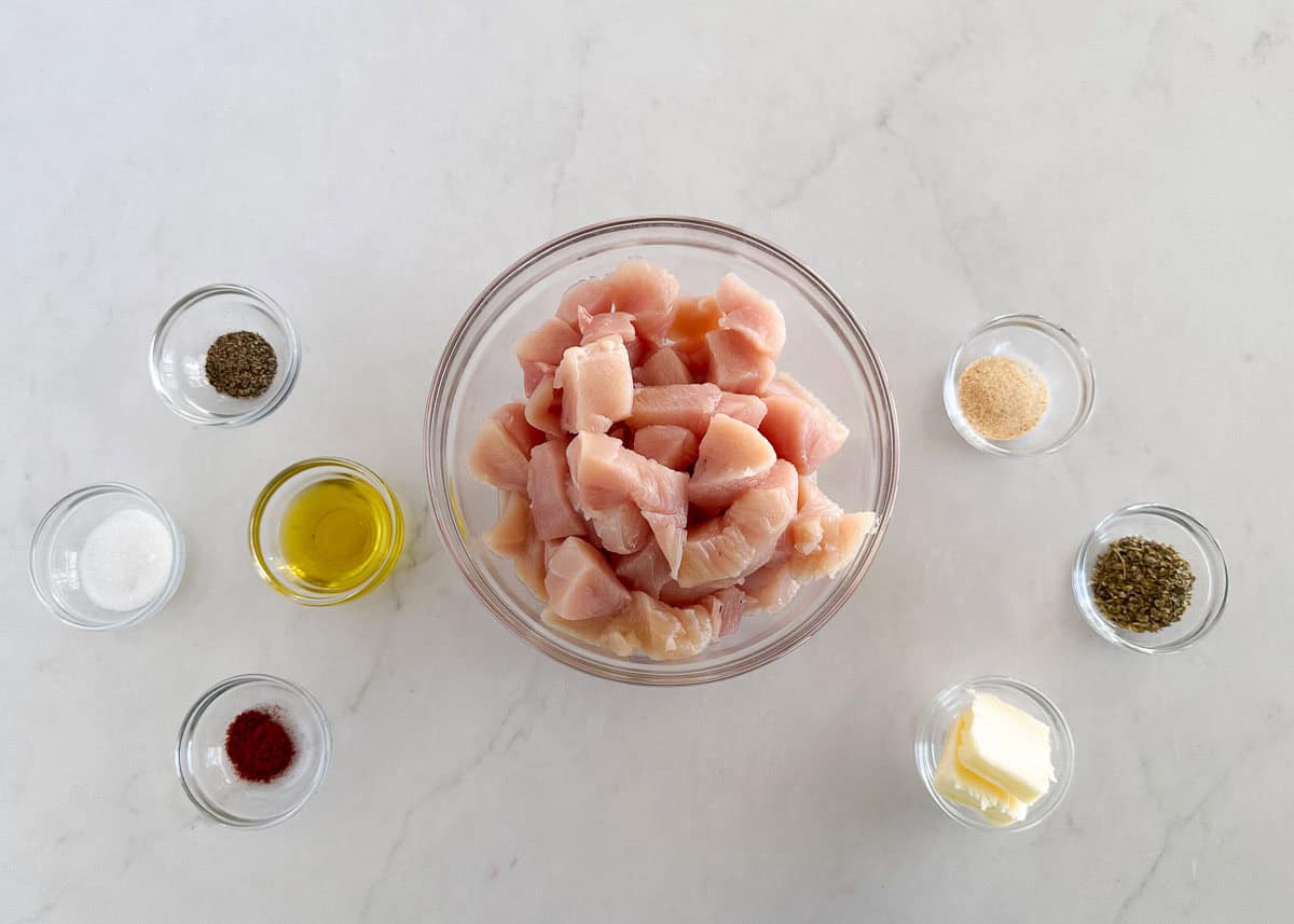 Baked chicken bites ingredients on counter.