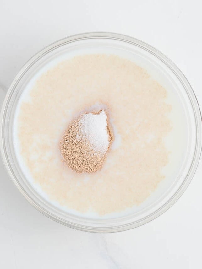 Proofing yeast in a glass bowl.