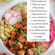 Salmon bowls with ingredients listed.