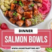 Salmon bites in a bowl with rice and veggies.