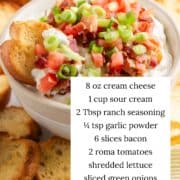 BLT dip in a bowl with ingredients listed.