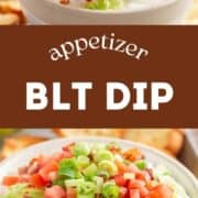 BLT dip in a bowl with a crostini being dipped into it.