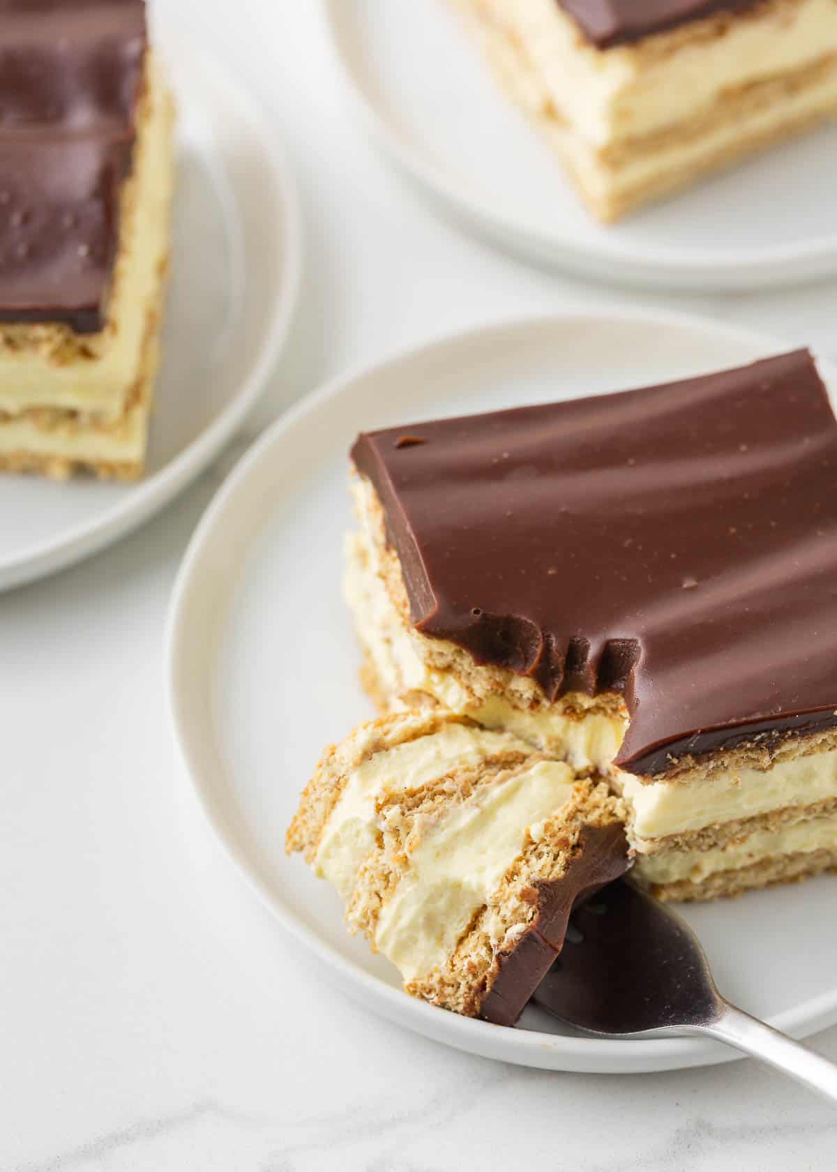 Slice of eclair cake on a plate.