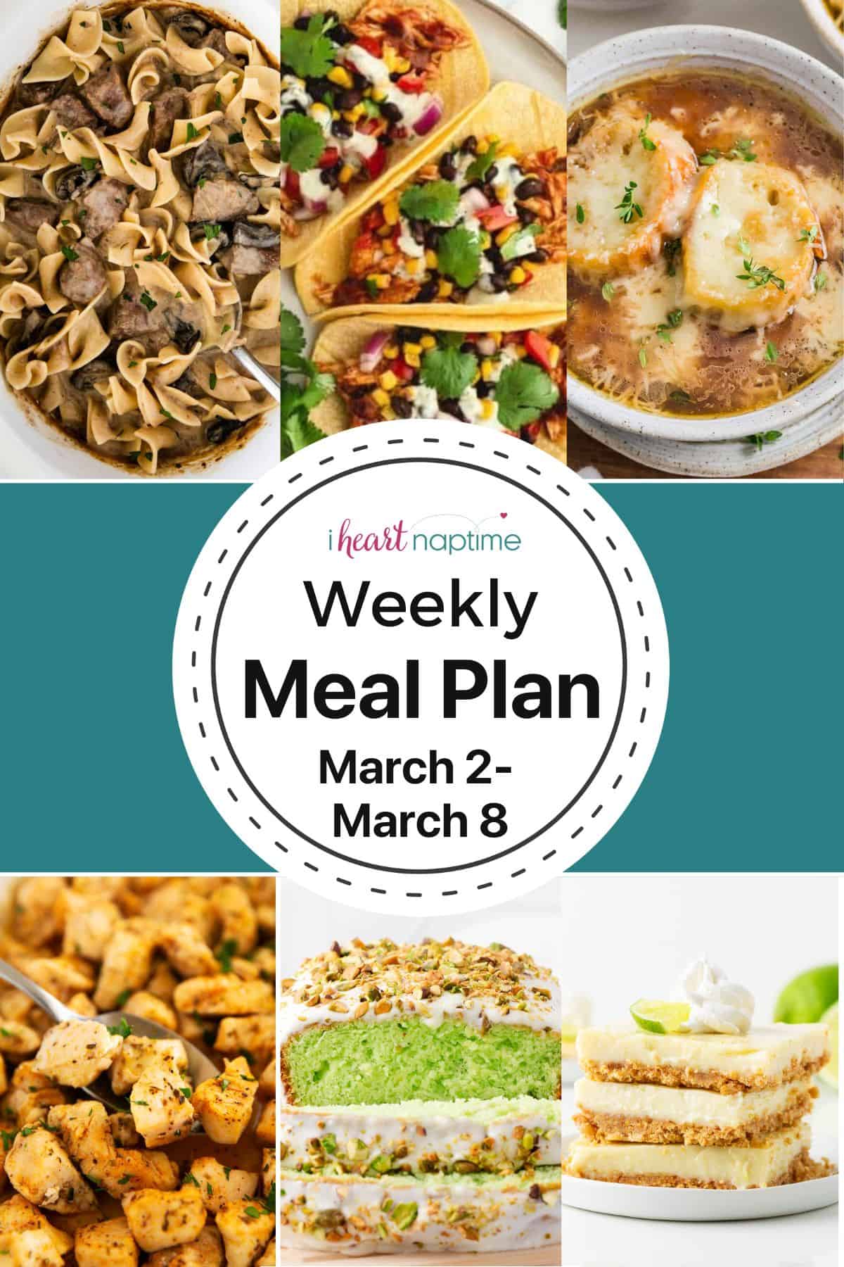 A photo collage of recipes for I Heart Naptime meal plan.