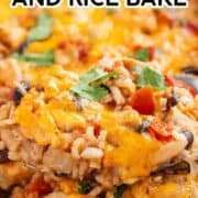 Mexican chicken and rice bake in a baking dish.