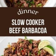 Slow cooker beef barbacoa on a serving plate with lime wedges.