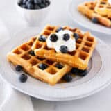 Sour dough discard waffles on a plate with blueberries.