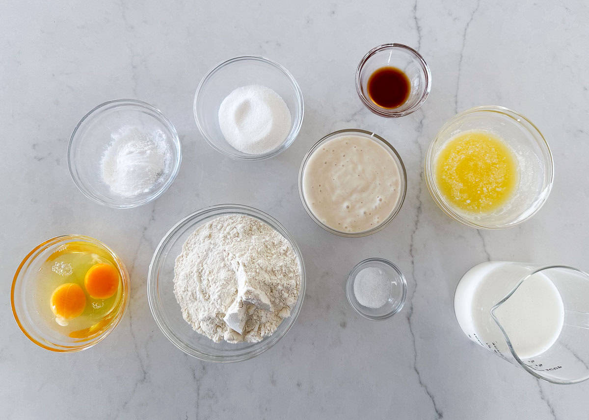 Sourdough waffle ingredients on counter.