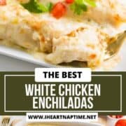 White chicken enchiladas on a plate and in baking dish.